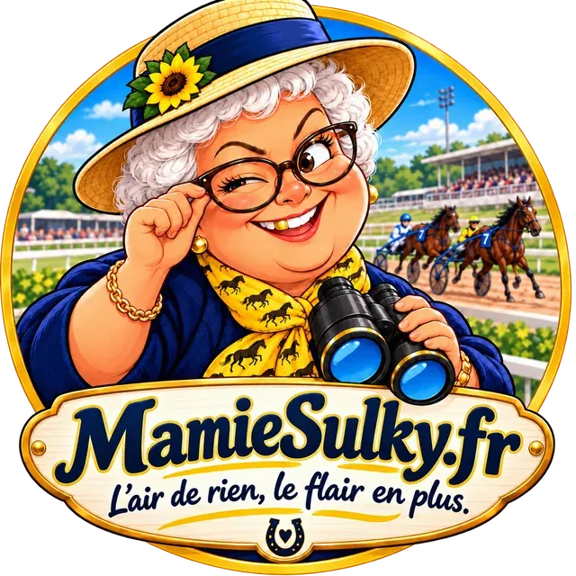 Mamie Sulky, une grand-mère au chapeau de paille qui fait un clin d'œil, jumelles à la main, devant un champ de courses de trot